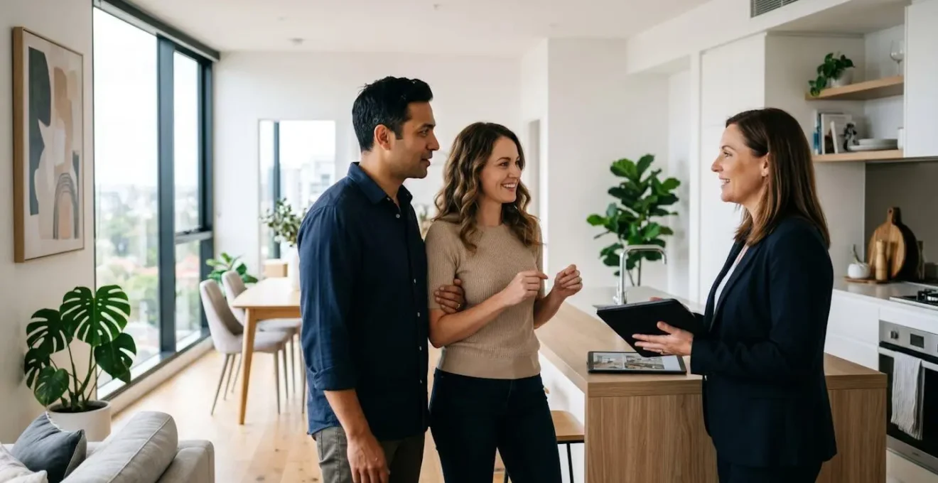 Couple d'acheteurs en discussion avec un agent immobilier dans un appartement lumineux lors d'une visite