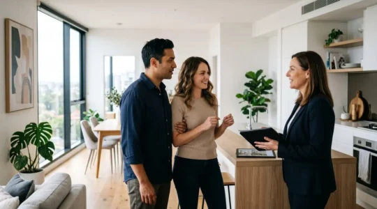 Couple d'acheteurs en discussion avec un agent immobilier dans un appartement lumineux lors d'une visite