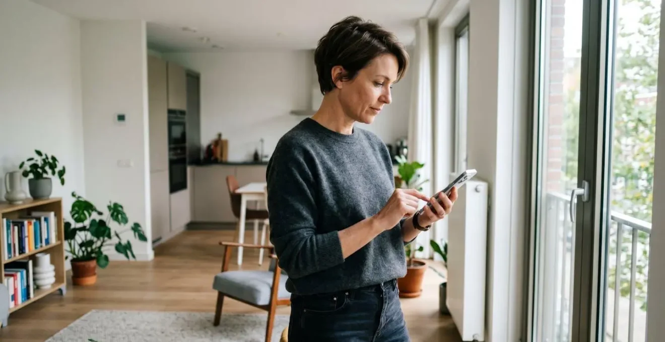 Acheteur immobilier consultant sa liste de questions sur un téléphone lors d'une visite d'appartement