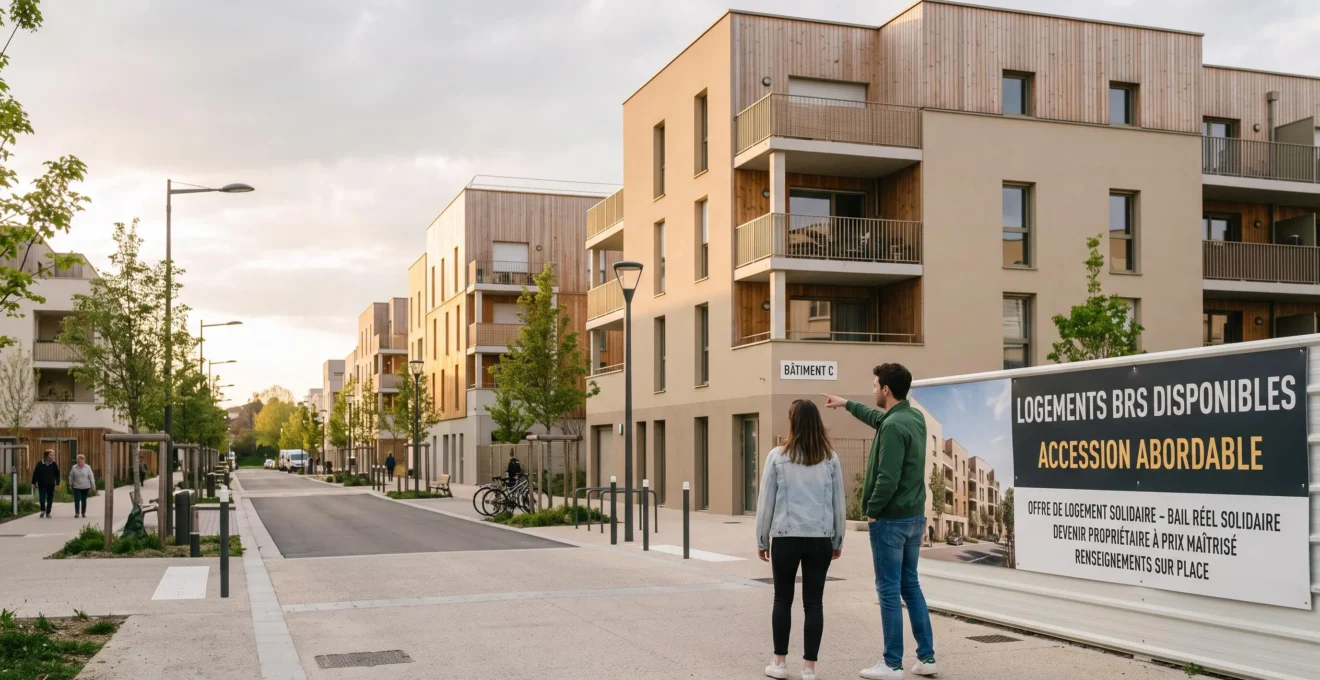 Couple trentenaire vu de dos observant des immeubles résidentiels contemporains neufs dans un éco-quartier français périurbain, panneau 'LOGEMENTS BRS DISPONIBLES' visible au premier plan, lumière dorée de fin d'après-midi, jeunes arbres plantés le long du trottoir récent