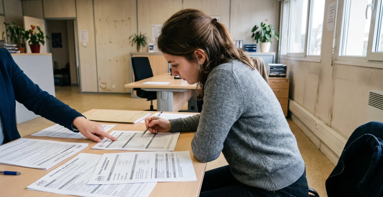 Femme trentenaire consultant des documents de simulation de prêt immobilier aidé sur un bureau administratif, accompagnée d'un conseiller pointant un tableau d'amortissement, dans un bureau ADIL français contemporain éclairé par lumière naturelle