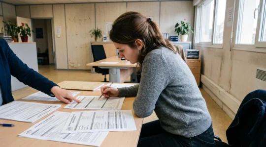 Femme trentenaire consultant des documents de simulation de prêt immobilier aidé sur un bureau administratif, accompagnée d'un conseiller pointant un tableau d'amortissement, dans un bureau ADIL français contemporain éclairé par lumière naturelle