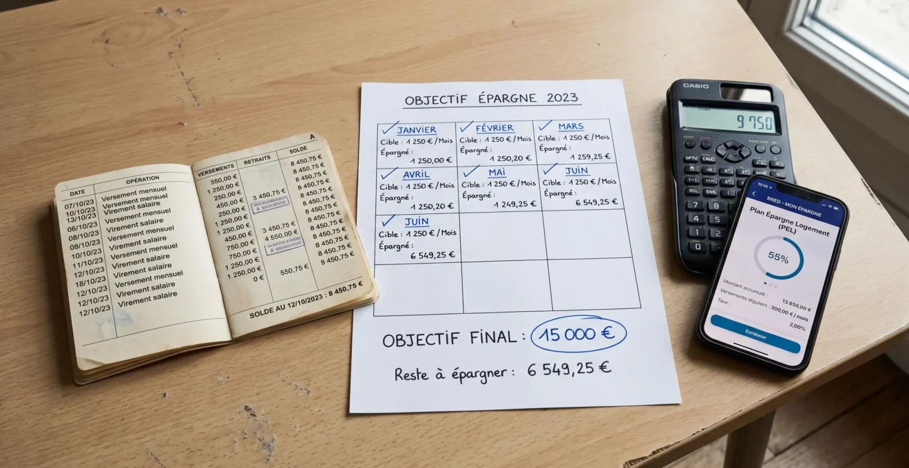 Table domestique vue de dessus avec livret A ouvert montrant versements réguliers, planning manuscrit 12 mois avec objectif 15000 euros encerclé, calculatrice et smartphone affichant application Plan Épargne Logement, éclairage naturel latéral
